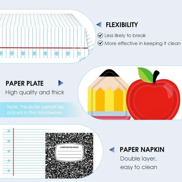 Alt view image 3 of 7 - 41pcs Back to School First Day of School Decorations Tableware Set Include Disposable Red Apple Paper Plates Napkins Notebook Tablecloth, Cool for School Classroom Theme Decorations, Serves 20