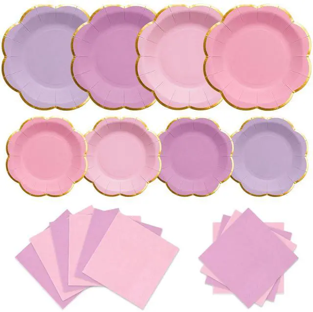 Main image of 60pcs Pink and Purple Disposable Paper Plates & Napkins Set for 20