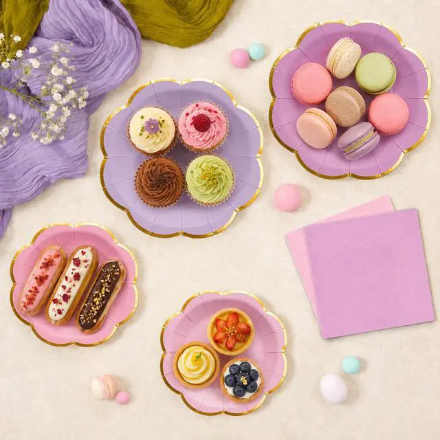 Alt view image 2 of 7 - 60pcs Pink and Purple Disposable Paper Plates & Napkins Set for 20