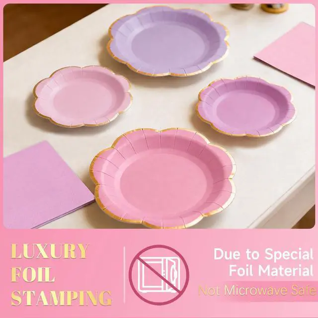Alt view image 5 of 7 - 60pcs Pink and Purple Disposable Paper Plates & Napkins Set for 20