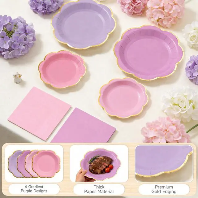 Alt view image 4 of 7 - 60pcs Pink and Purple Disposable Paper Plates & Napkins Set for 20