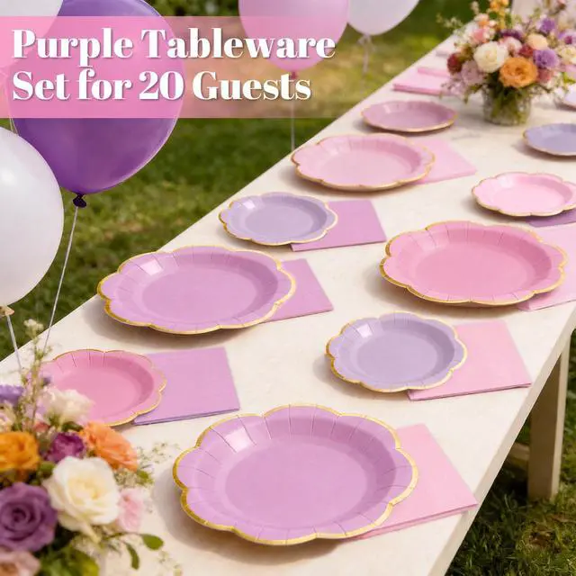 Alt view image 6 of 7 - 60pcs Pink and Purple Disposable Paper Plates & Napkins Set for 20