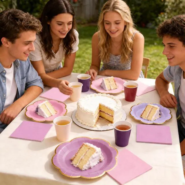Alt view image 7 of 7 - 60pcs Pink and Purple Disposable Paper Plates & Napkins Set for 20