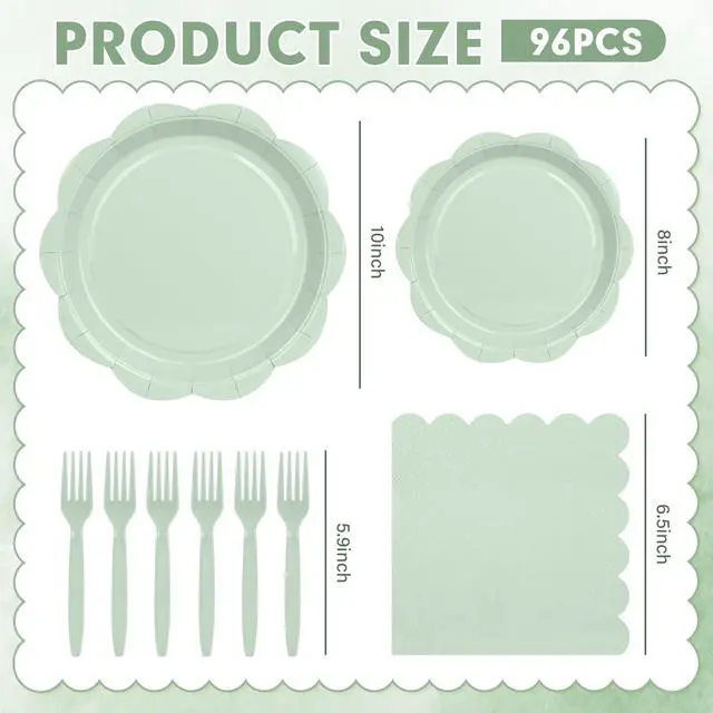 Alt view image 2 of 7 - 96 Pcs Sage Green Paper Plates and Napkins Set Party Supplies for 24 Guests