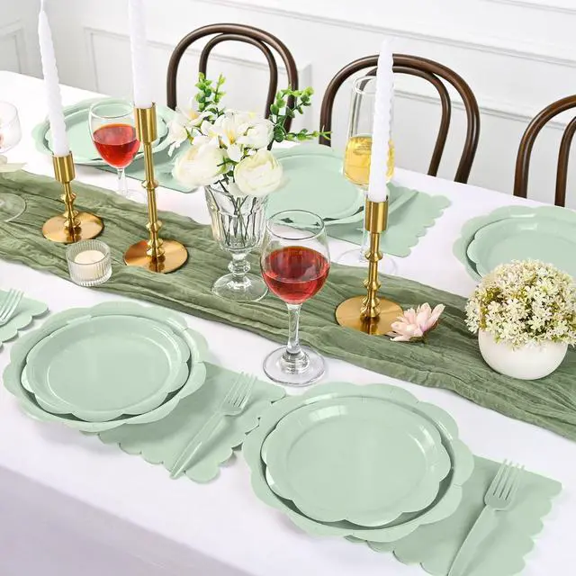 Alt view image 3 of 7 - 96 Pcs Sage Green Paper Plates and Napkins Set Party Supplies for 24 Guests
