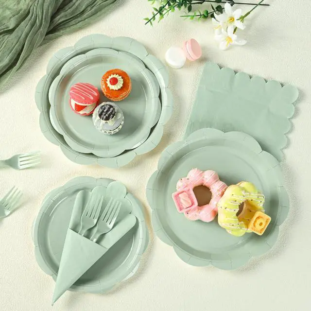 Alt view image 4 of 7 - 96 Pcs Sage Green Paper Plates and Napkins Set Party Supplies for 24 Guests