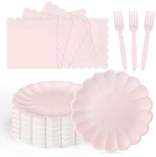 Main image of 75 Pcs Pink Paper Plates and Napkins Disposable Tableware Set Include Light Pink Scalloped Plates with Shell Edge, Napkins & Plastic Forks for Wedding Baby Shower Birthday Party, Serve for 25 Guests