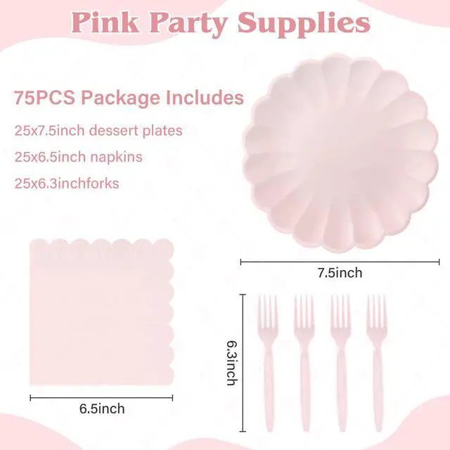 Alt view image 2 of 7 - 75 Pcs Pink Paper Plates and Napkins Disposable Tableware Set Include Light Pink Scalloped Plates with Shell Edge, Napkins & Plastic Forks for Wedding Baby Shower Birthday Party, Serve for 25 Guests