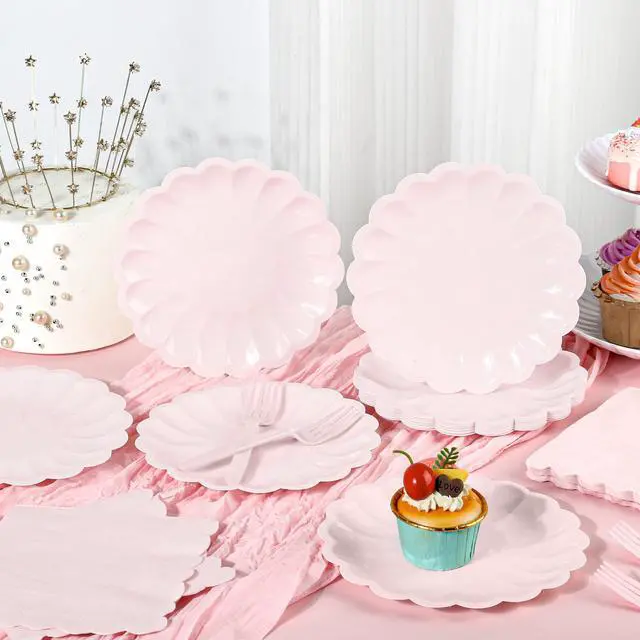 Alt view image 3 of 7 - 75 Pcs Pink Paper Plates and Napkins Disposable Tableware Set Include Light Pink Scalloped Plates with Shell Edge, Napkins & Plastic Forks for Wedding Baby Shower Birthday Party, Serve for 25 Guests