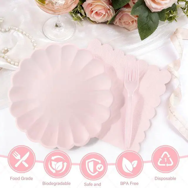 Alt view image 4 of 7 - 75 Pcs Pink Paper Plates and Napkins Disposable Tableware Set Include Light Pink Scalloped Plates with Shell Edge, Napkins & Plastic Forks for Wedding Baby Shower Birthday Party, Serve for 25 Guests