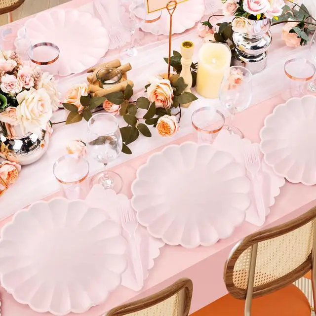Alt view image 5 of 7 - 75 Pcs Pink Paper Plates and Napkins Disposable Tableware Set Include Light Pink Scalloped Plates with Shell Edge, Napkins & Plastic Forks for Wedding Baby Shower Birthday Party, Serve for 25 Guests