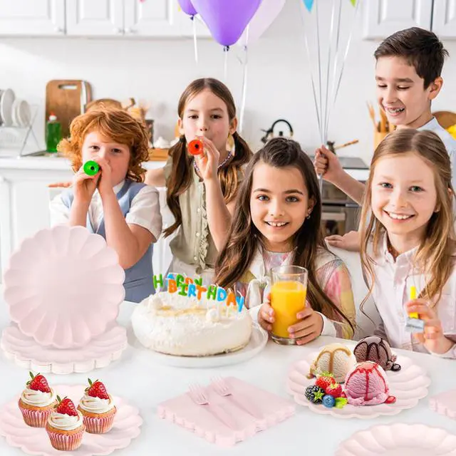 Alt view image 6 of 7 - 75 Pcs Pink Paper Plates and Napkins Disposable Tableware Set Include Light Pink Scalloped Plates with Shell Edge, Napkins & Plastic Forks for Wedding Baby Shower Birthday Party, Serve for 25 Guests