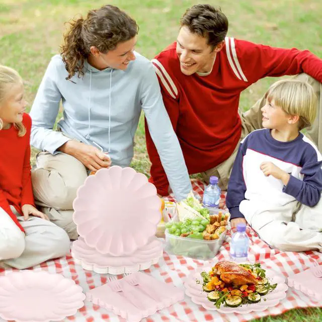 Alt view image 7 of 7 - 75 Pcs Pink Paper Plates and Napkins Disposable Tableware Set Include Light Pink Scalloped Plates with Shell Edge, Napkins & Plastic Forks for Wedding Baby Shower Birthday Party, Serve for 25 Guests