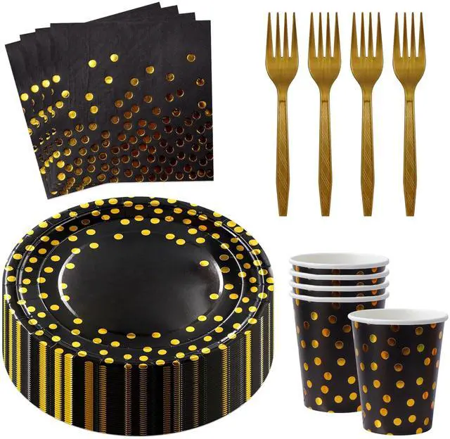 Main image of 160 Pcs Black and Gold Paper Plates, Forks and Cups Party Supplies Tableware for Birthdays, Graduations, Weddings, Holidays Serves 30 (7 inches)