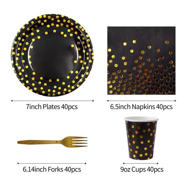Alt view image 2 of 7 - 160 Pcs Black and Gold Paper Plates, Forks and Cups Party Supplies Tableware for Birthdays, Graduations, Weddings, Holidays Serves 30 (7 inches)