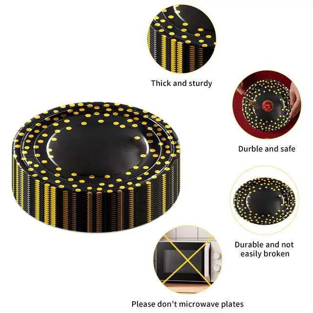 Alt view image 3 of 7 - 160 Pcs Black and Gold Paper Plates, Forks and Cups Party Supplies Tableware for Birthdays, Graduations, Weddings, Holidays Serves 30 (7 inches)