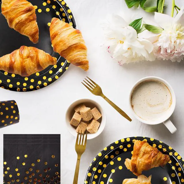 Alt view image 6 of 7 - 160 Pcs Black and Gold Paper Plates, Forks and Cups Party Supplies Tableware for Birthdays, Graduations, Weddings, Holidays Serves 30 (7 inches)