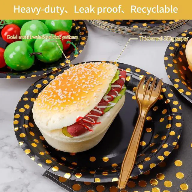Alt view image 7 of 7 - 160 Pcs Black and Gold Paper Plates, Forks and Cups Party Supplies Tableware for Birthdays, Graduations, Weddings, Holidays Serves 30 (7 inches)