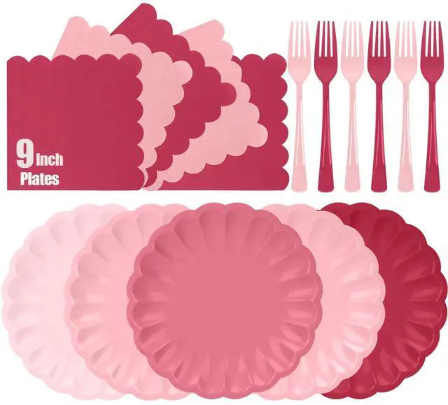 Main image of 96Pcs Pink Paper Plates and Napkins Party Supplies,Include 9" Pink Gradient Disposable Plates Napkins Forks Tableware for Baby Shower Wedding Birthday Decorations,Serves 32