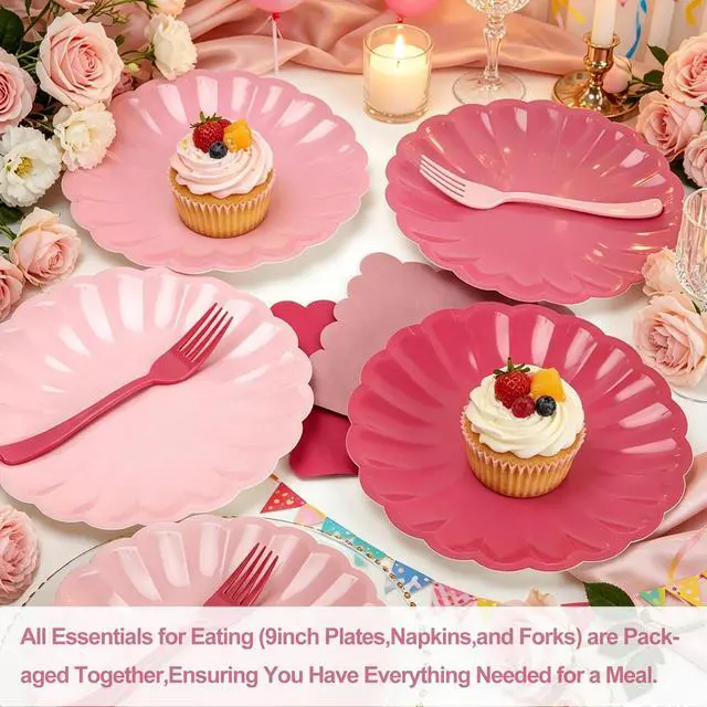 Alt view image 2 of 7 - 96Pcs Pink Paper Plates and Napkins Party Supplies,Include 9" Pink Gradient Disposable Plates Napkins Forks Tableware for Baby Shower Wedding Birthday Decorations,Serves 32