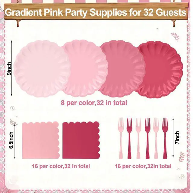 Alt view image 3 of 7 - 96Pcs Pink Paper Plates and Napkins Party Supplies,Include 9" Pink Gradient Disposable Plates Napkins Forks Tableware for Baby Shower Wedding Birthday Decorations,Serves 32