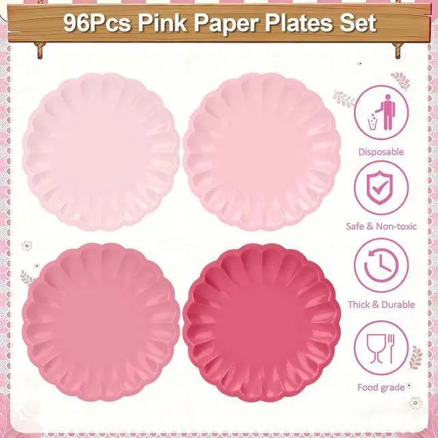 Alt view image 5 of 7 - 96Pcs Pink Paper Plates and Napkins Party Supplies,Include 9" Pink Gradient Disposable Plates Napkins Forks Tableware for Baby Shower Wedding Birthday Decorations,Serves 32