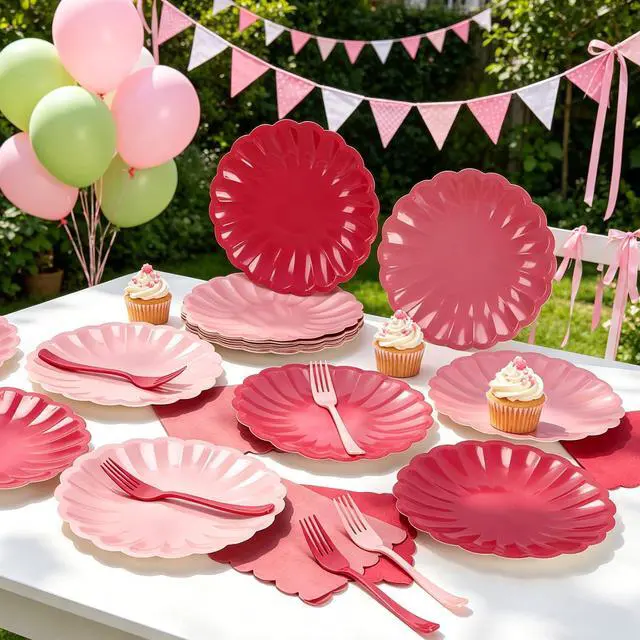 Alt view image 7 of 7 - 96Pcs Pink Paper Plates and Napkins Party Supplies,Include 9" Pink Gradient Disposable Plates Napkins Forks Tableware for Baby Shower Wedding Birthday Decorations,Serves 32