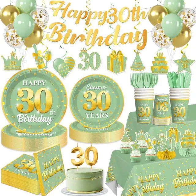 Main image of 216pcs Yingoto Green Gold 30 Birthday Decorations Tableware Set, 25 Serves