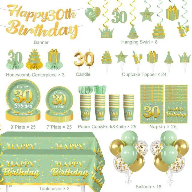 Alt view image 2 of 7 - 216pcs Yingoto Green Gold 30 Birthday Decorations Tableware Set, 25 Serves