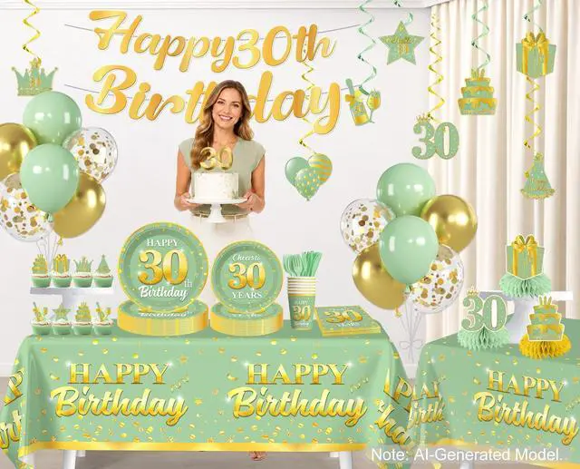 Alt view image 3 of 7 - 216pcs Yingoto Green Gold 30 Birthday Decorations Tableware Set, 25 Serves