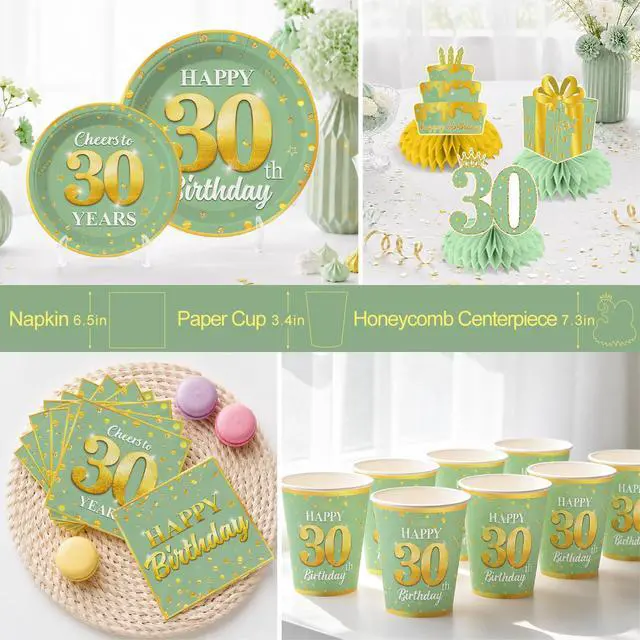 Alt view image 5 of 7 - 216pcs Yingoto Green Gold 30 Birthday Decorations Tableware Set, 25 Serves
