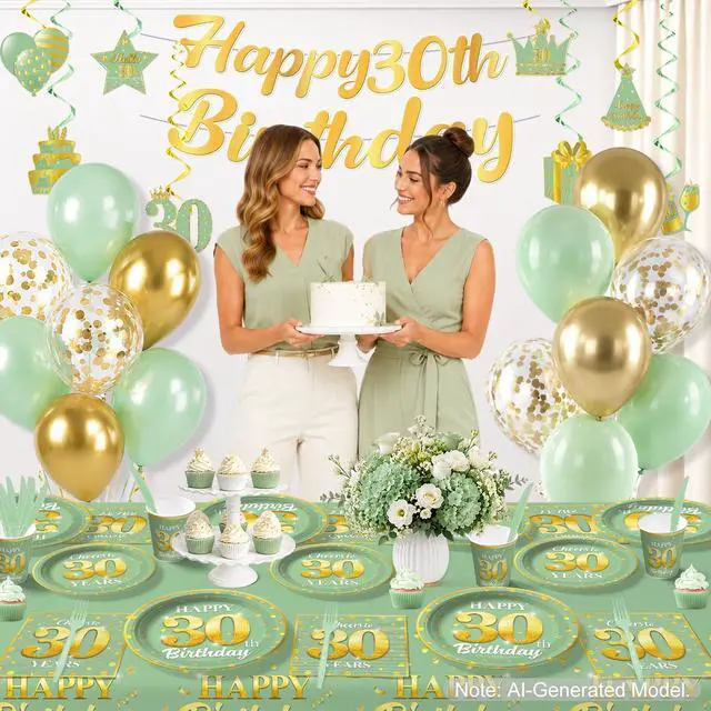 Alt view image 4 of 7 - 216pcs Yingoto Green Gold 30 Birthday Decorations Tableware Set, 25 Serves