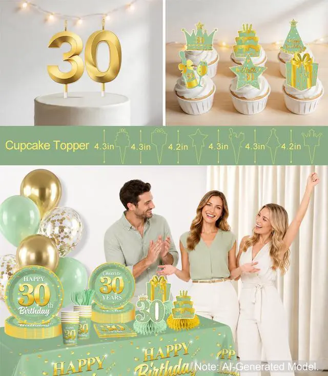 Alt view image 6 of 7 - 216pcs Yingoto Green Gold 30 Birthday Decorations Tableware Set, 25 Serves