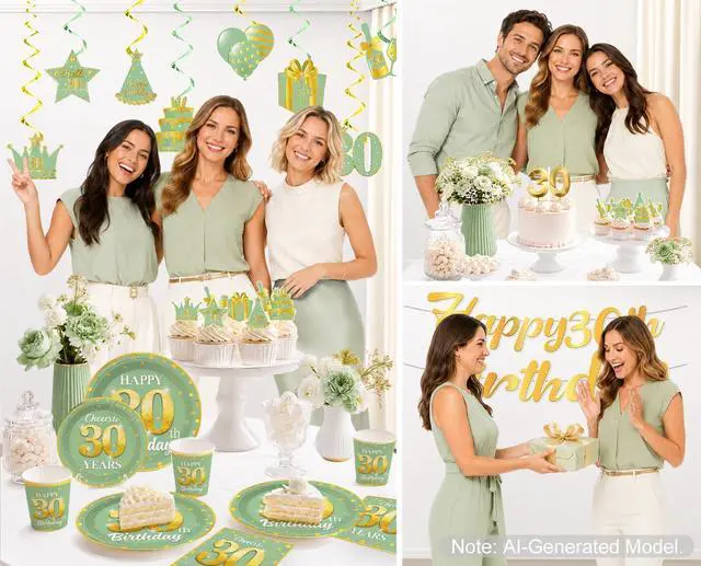 Alt view image 7 of 7 - 216pcs Yingoto Green Gold 30 Birthday Decorations Tableware Set, 25 Serves