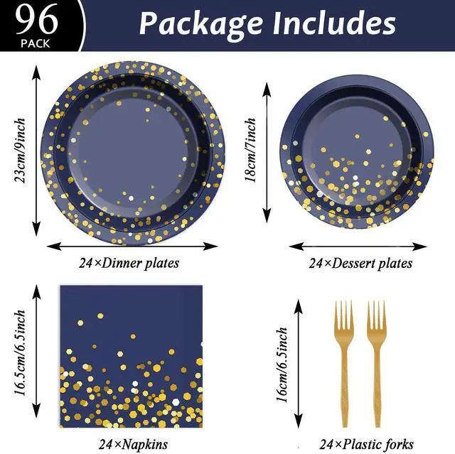 Alt view image 2 of 7 - 96 Pcs Blue and Gold Party Plates Napkins Tableware Set Navy Gold Dot Supplies Disposable Dinnerware Blue Birthday Party Decoration Favors for Wedding Bridal Baby Shower Graduations Party, 24 Guests