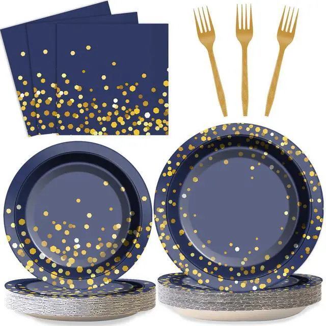 Main image of 96 Pcs Blue and Gold Party Plates Napkins Tableware Set Navy Gold Dot Supplies Disposable Dinnerware Blue Birthday Party Decoration Favors for Wedding Bridal Baby Shower Graduations Party, 24 Guests