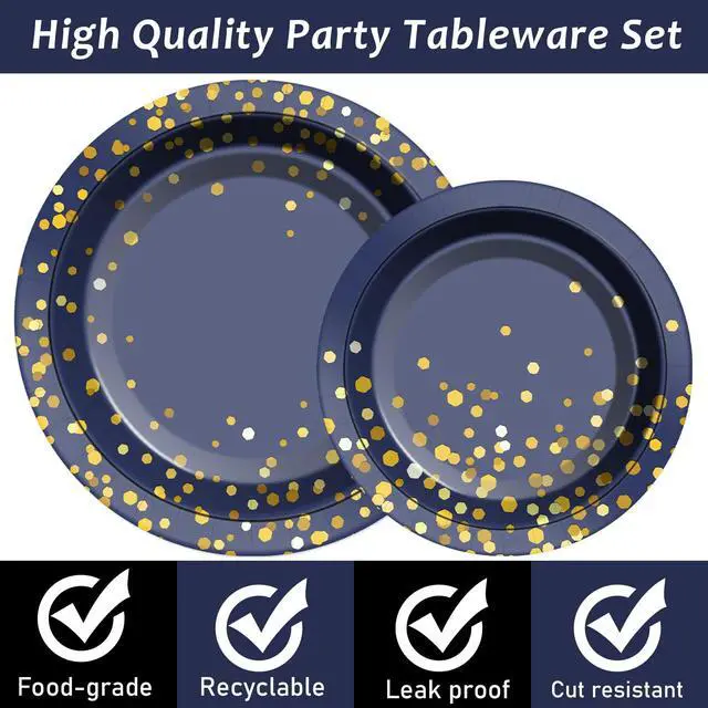 Alt view image 3 of 7 - 96 Pcs Blue and Gold Party Plates Napkins Tableware Set Navy Gold Dot Supplies Disposable Dinnerware Blue Birthday Party Decoration Favors for Wedding Bridal Baby Shower Graduations Party, 24 Guests