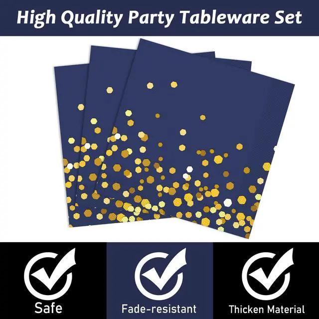 Alt view image 4 of 7 - 96 Pcs Blue and Gold Party Plates Napkins Tableware Set Navy Gold Dot Supplies Disposable Dinnerware Blue Birthday Party Decoration Favors for Wedding Bridal Baby Shower Graduations Party, 24 Guests