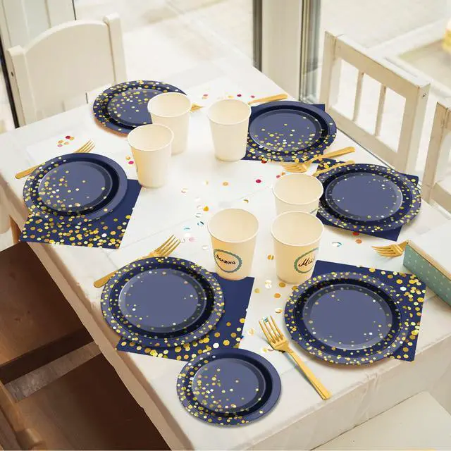 Alt view image 5 of 7 - 96 Pcs Blue and Gold Party Plates Napkins Tableware Set Navy Gold Dot Supplies Disposable Dinnerware Blue Birthday Party Decoration Favors for Wedding Bridal Baby Shower Graduations Party, 24 Guests