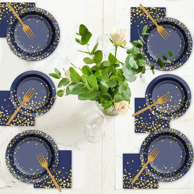 Alt view image 6 of 7 - 96 Pcs Blue and Gold Party Plates Napkins Tableware Set Navy Gold Dot Supplies Disposable Dinnerware Blue Birthday Party Decoration Favors for Wedding Bridal Baby Shower Graduations Party, 24 Guests