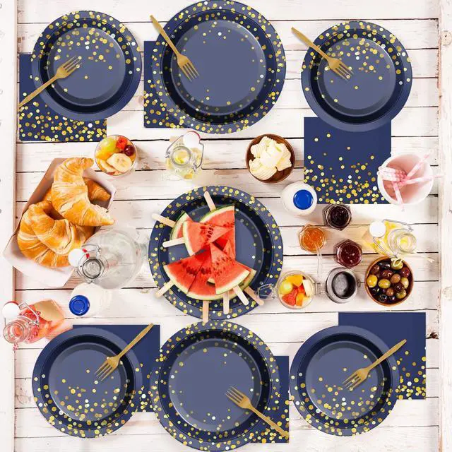 Alt view image 7 of 7 - 96 Pcs Blue and Gold Party Plates Napkins Tableware Set Navy Gold Dot Supplies Disposable Dinnerware Blue Birthday Party Decoration Favors for Wedding Bridal Baby Shower Graduations Party, 24 Guests