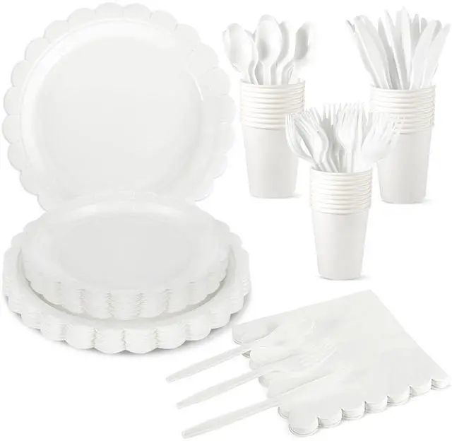 Main image of 25 Set White Plates and Napkins Scalloped White Dinnerware