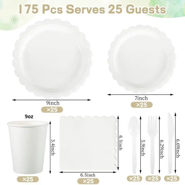 Alt view image 2 of 7 - 25 Set White Plates and Napkins Scalloped White Dinnerware