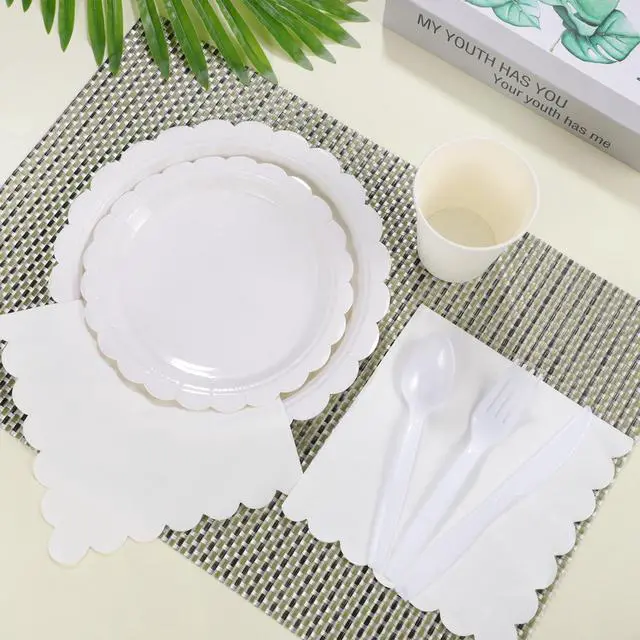 Alt view image 4 of 7 - 25 Set White Plates and Napkins Scalloped White Dinnerware