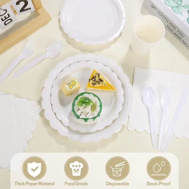 Alt view image 3 of 7 - 25 Set White Plates and Napkins Scalloped White Dinnerware