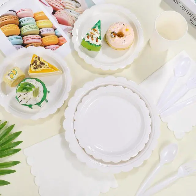 Alt view image 6 of 7 - 25 Set White Plates and Napkins Scalloped White Dinnerware