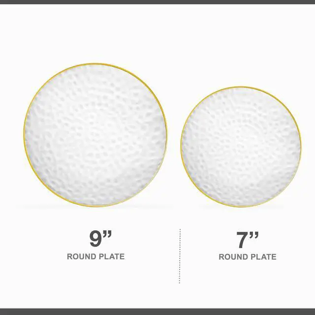 Alt view image 3 of 4 - 32 Piece Combo Plates Set includes 16-7'' inch Plates & 16-9'' inch Plate Clear Plastic Organic Hammered Design Party Dishes Gold Rim, Elegant, Tableware, Dishes,