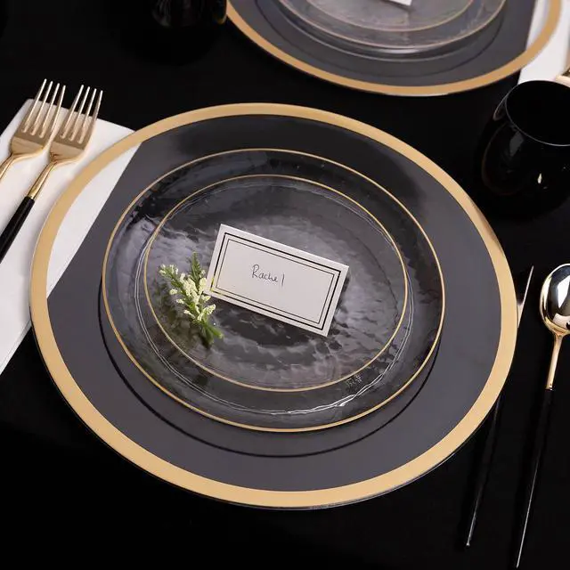 Alt view image 2 of 4 - 32 Piece Combo Plates Set includes 16-7'' inch Plates & 16-9'' inch Plate Clear Plastic Organic Hammered Design Party Dishes Gold Rim, Elegant, Tableware, Dishes,