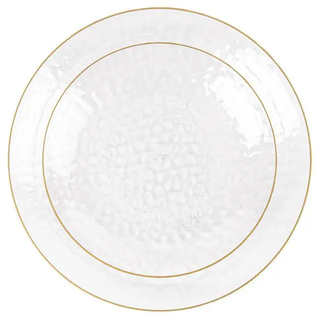 Alt view image 4 of 4 - 32 Piece Combo Plates Set includes 16-7'' inch Plates & 16-9'' inch Plate Clear Plastic Organic Hammered Design Party Dishes Gold Rim, Elegant, Tableware, Dishes,