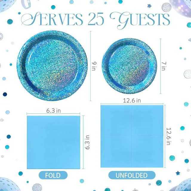 Alt view image 2 of 7 - Light Blue Iridescent Party Plates & Napkins Set, 75pcs Disposable Tableware with 9" Dinner Plates, 7" Dessert Plates & Napkins, Holographic Dot Design for Baby Shower, Summer Party, Birthday Décor